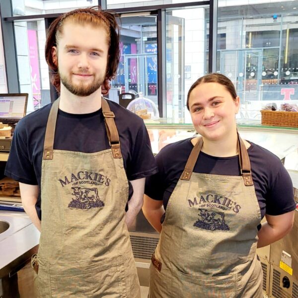 Ruaridh and Aimee modelling Mackie's 19.2 new uniforms